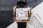 Replica Cartier Santos Automatic Watch White Dial Black Leather Strap Yellow Gold Bezel